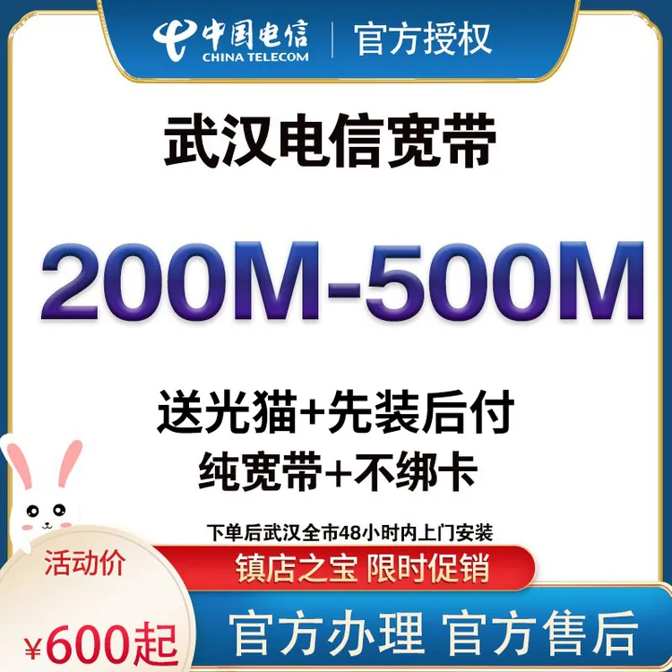 武汉电信光纤有线200 - 500兆宽带在线预约安装办理