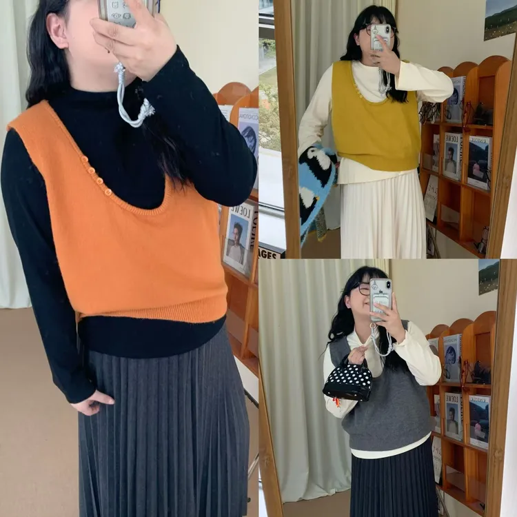 韩版U领叠穿软糯针织毛马甲高领磨毛打底衫真两件套3805