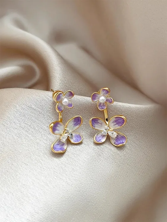 铜合金耳饰 紫色花朵珠珠耳环显白耳钉时尚气质精致百搭耳饰女款