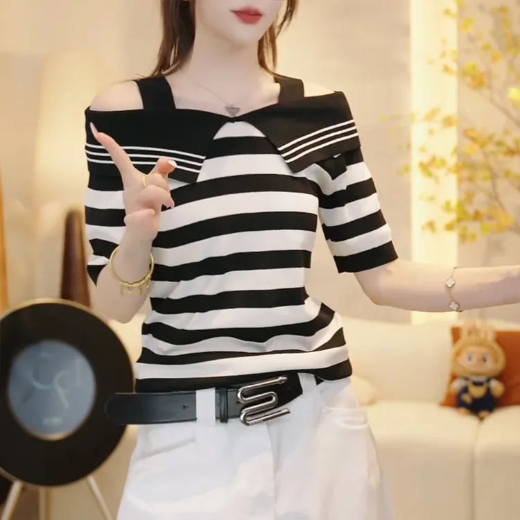 设计感别致露肩条纹短袖T恤女夏季2025新款洋气时尚百搭减龄上衣