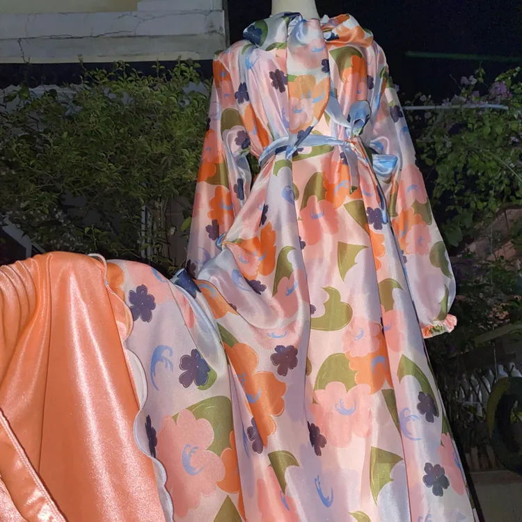 双层亮滑薄缎大摆裙丝滑冰丝内衬软滑透气秋冬大码男女通用睡裙