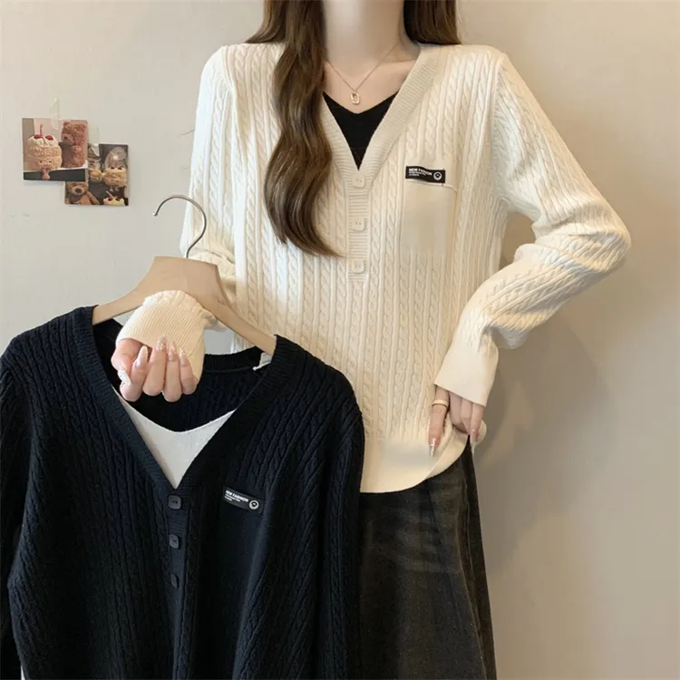 秋冬2025新款高级麻花假两件针织衫毛衣大码女装胖mm打底长袖上衣