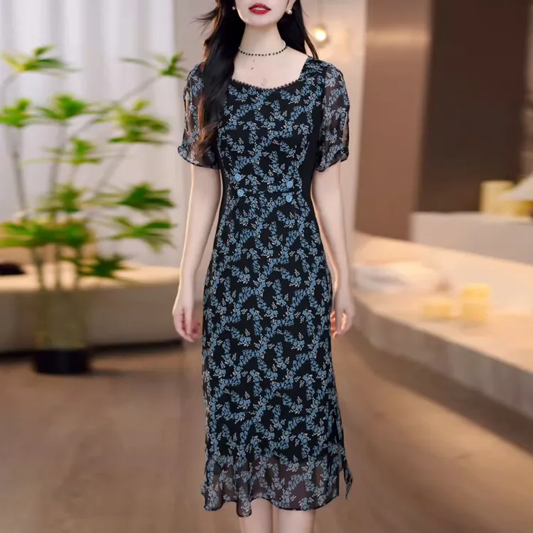 时尚优雅碎花连衣裙女2025夏季新款时尚收腰显瘦休闲气质中长裙子