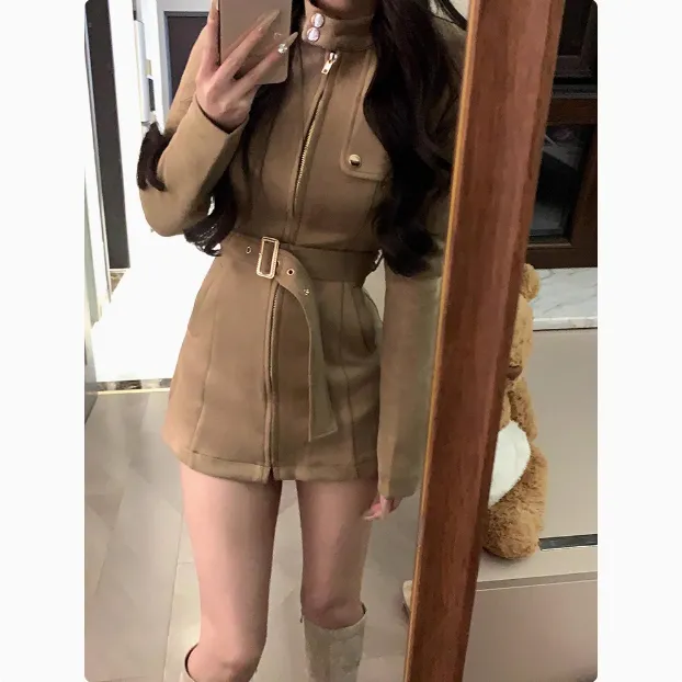 秋冬新款麂皮绒套装女收腰修身立领短裙外套显瘦短裤高级感三件套