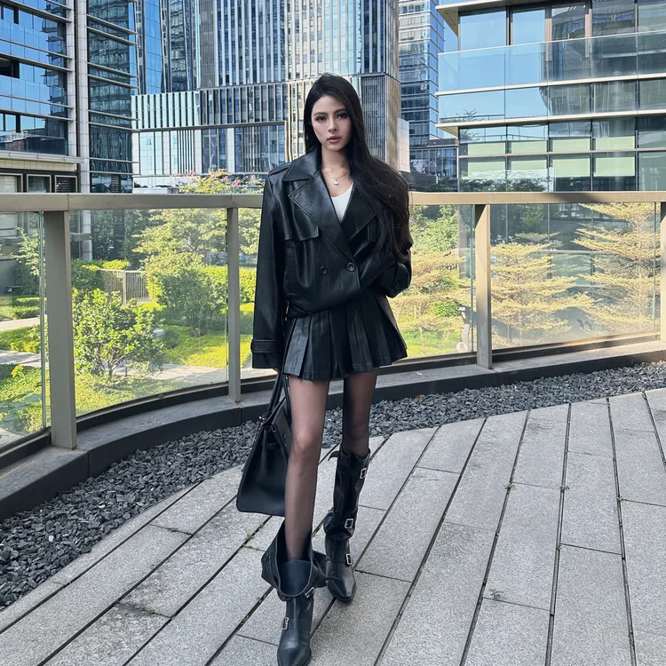 美式酷辣复古皮衣夹棉加厚外套高腰百褶短裙冬季两件套装