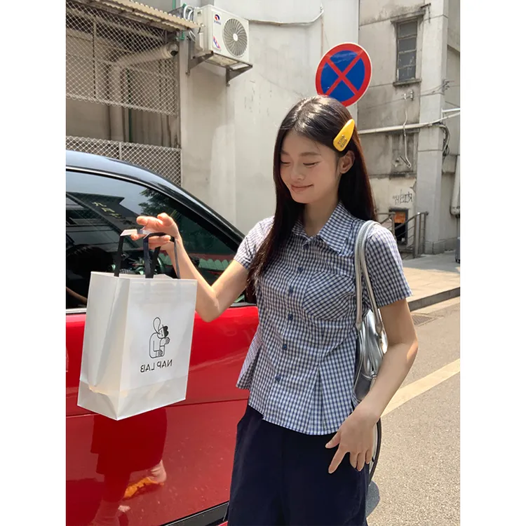 宋正恩蓝色格子短袖衬衫女夏季新款收腰翻领韩系衬衣上衣ST1114