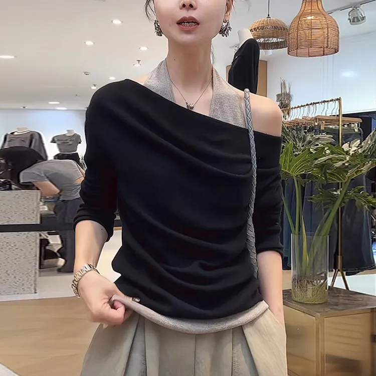 秋季女假两件黑色毛衣慵懒高级感软糯斜肩一字肩挂脖针织衫