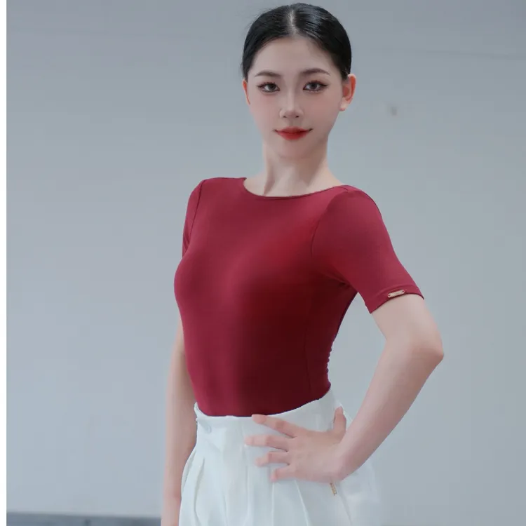 艺鑫舞服拉丁舞短袖露背连体服带胸垫红色黑色短袖上衣