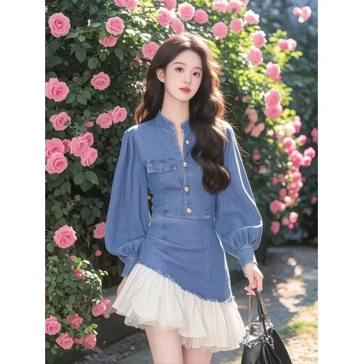 高级感绝美爆款不规则网纱拼接牛仔裙春夏季新款收腰千金连衣裙女