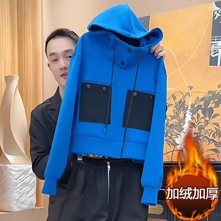 新款加绒卫衣女士蓝色连帽打底衫2024年冬季新款休闲加厚保暖衣服