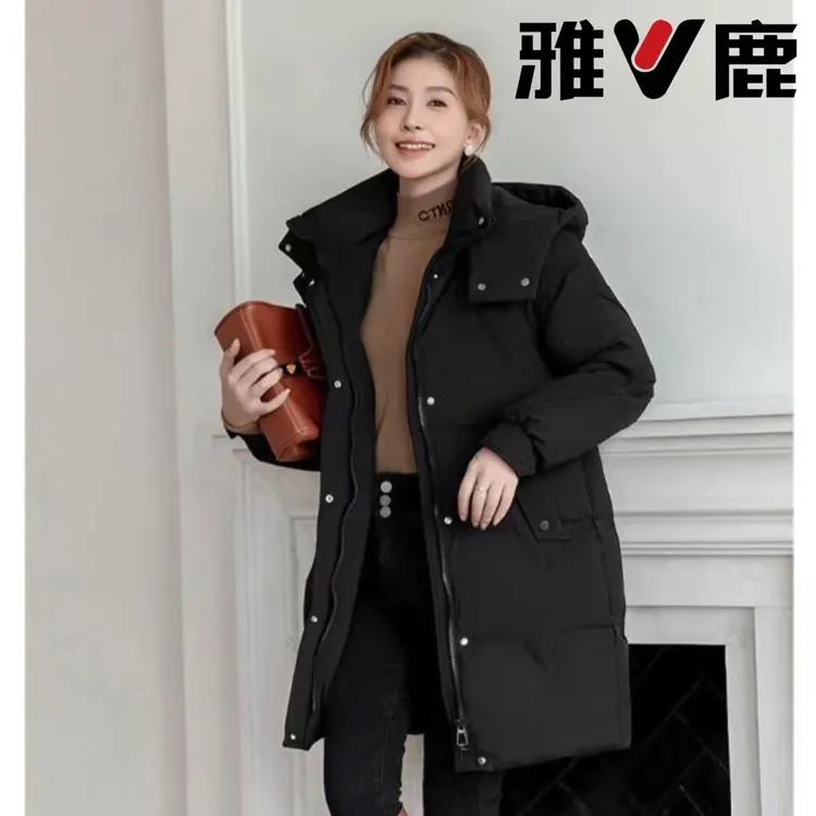 V/雅鹿25新款花色中长款连帽可拆卸大口袋通勤90%白鸭绒女羽绒服