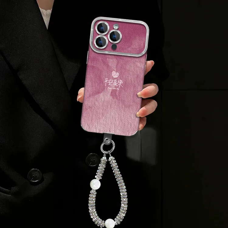 适用【苹果/oppo/华为/vivo/小米】平安喜乐粉色贴皮大视窗手机壳女