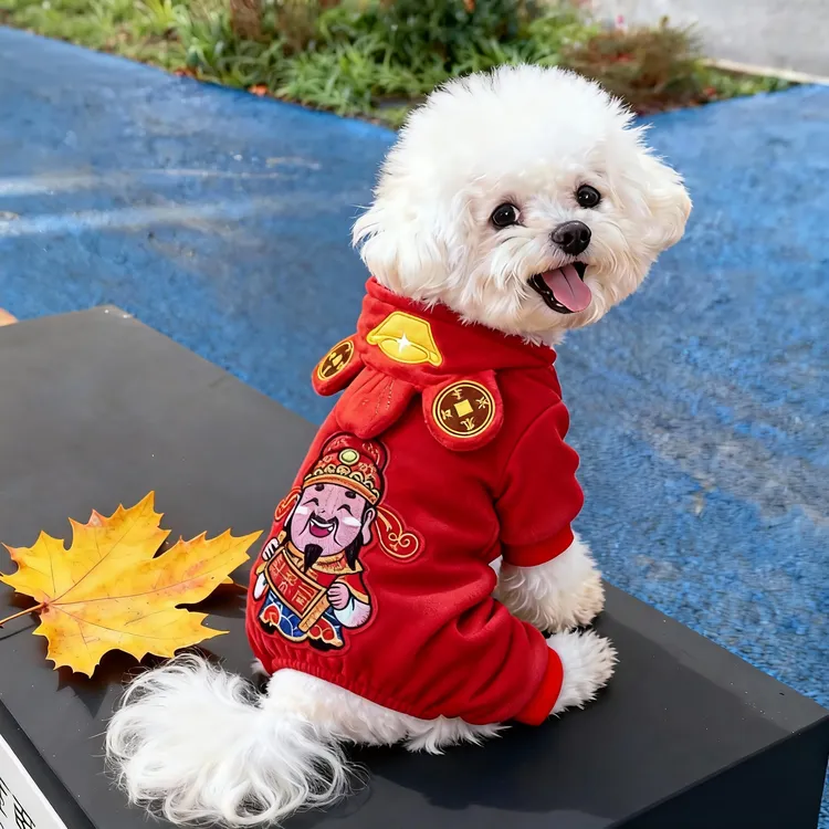 新年财神狗狗衣服秋冬加厚连帽衫泰迪比熊博美拜年喜庆猫咪四脚衣