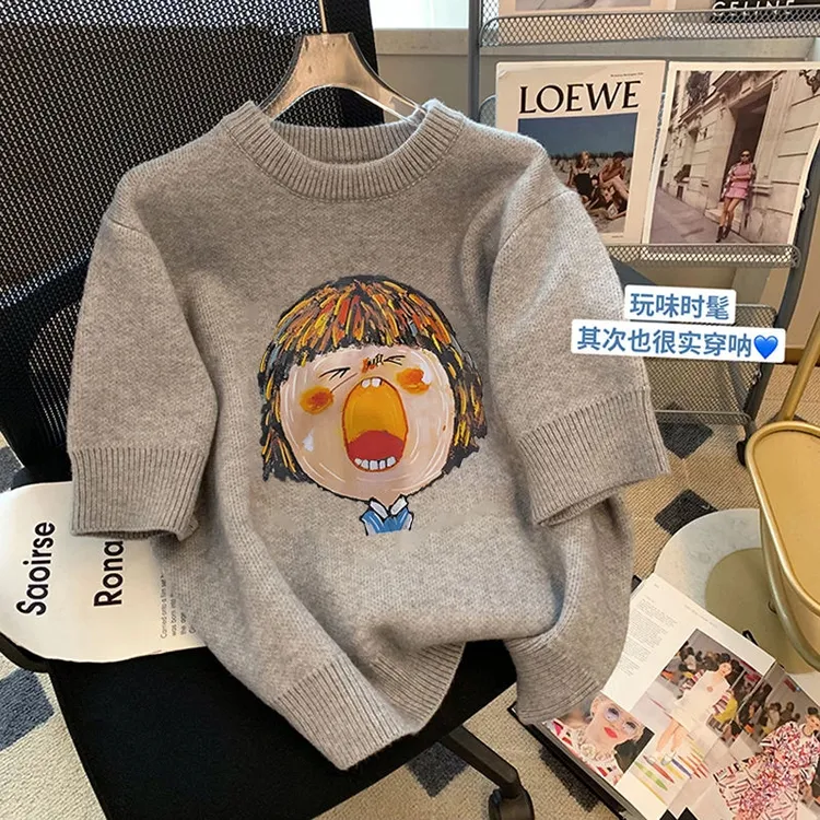 洋气针织短袖T恤女2024新款夏卡通印花慵懒风设计感宽松圆领上衣