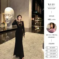 XULU原创秋季水晶麻黑色修身气质轻奢高定珠绣贴长袖圆领连衣裙