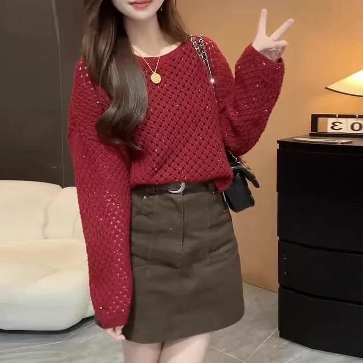 「亮片镂空毛衣」超漂亮的短款针织衫上衣