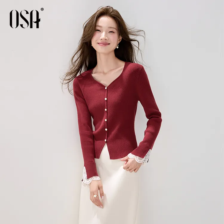 OSA/欧莎【小苍兰毛衫】心形领针织衫女蕾丝花边别致上衣S125C16034