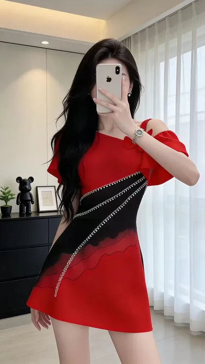 法式温柔甜美风时尚高端大气氛围感红色斜领短袖收腰拼接连衣裙女