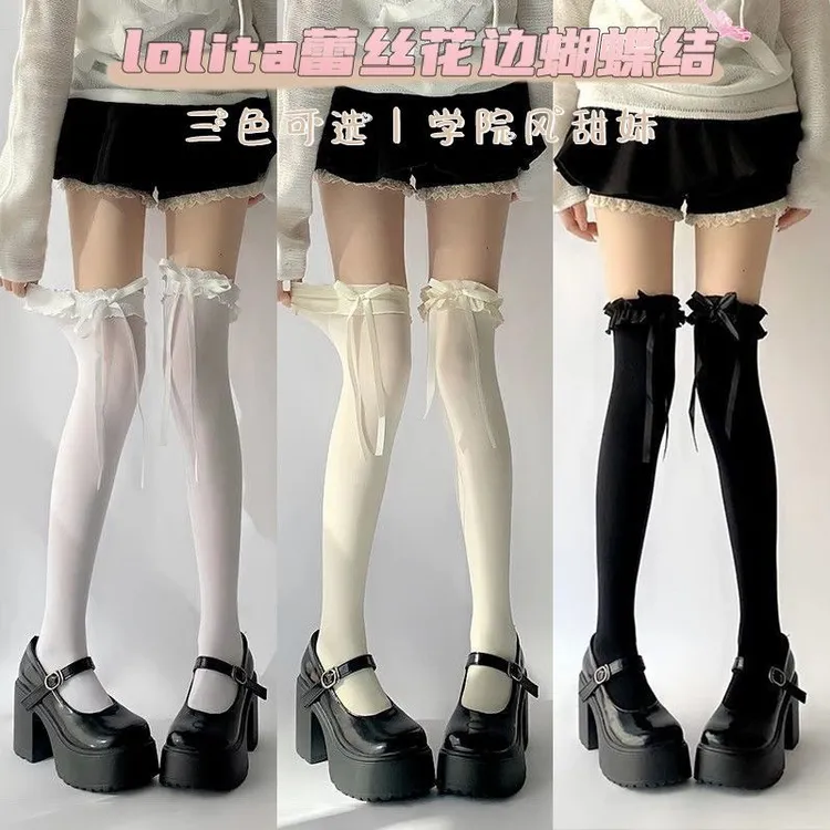 Lolita白色过膝袜夏季新款薄款高筒大腿袜子纯欲花边蝴蝶结长筒袜