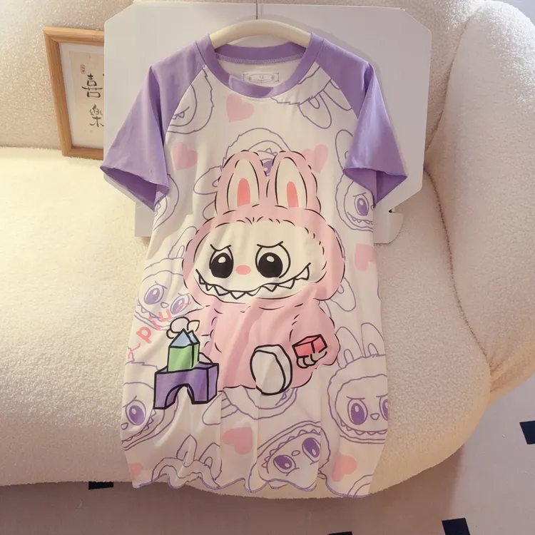 卡通可爱拉布布短袖睡裙女童莫代尔薄款睡衣夏季女孩中大童亲子装