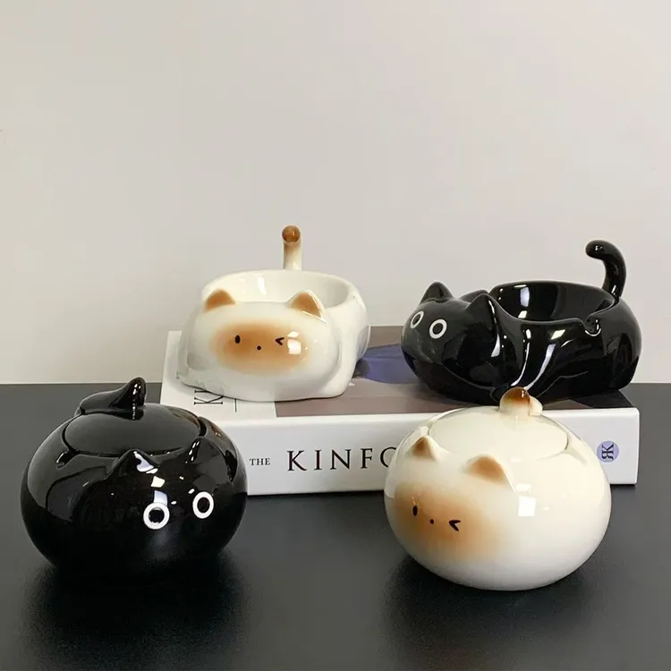 烟灰缸办公室桌面摆件可爱烟缸暹罗创意陶瓷带盖客厅艺术简约LQ