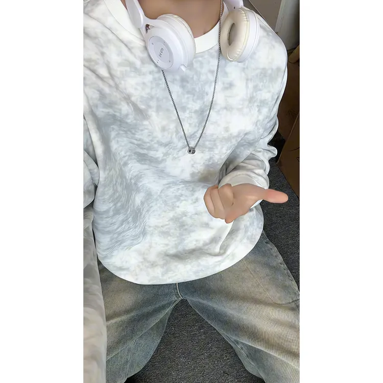 新款设计感扎染卫衣男潮宽松大码百搭圆领长袖T恤免烫打底衫上衣