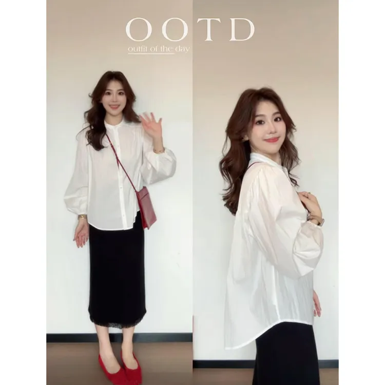 MARIE.COCO法式轻熟风白色简约立领泡泡袖衬衫女秋季包臀半身裙子