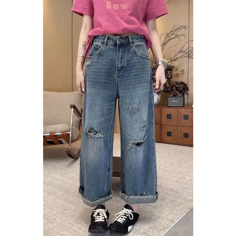 艾塔莉夏季薄款九分直筒裤高腰丹宁风裤子破洞卷边牛仔裤休闲风女