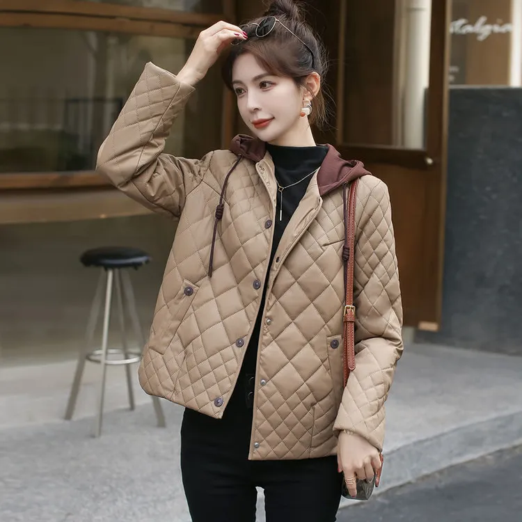 菱格服2024秋冬新款轻薄连帽棉服洋气时尚短款小棉袄外套女