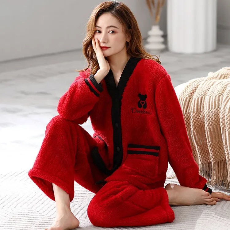 新款长袖长裤V领大红色休闲舒适宽松睡衣女加绒加厚家居服套装女
