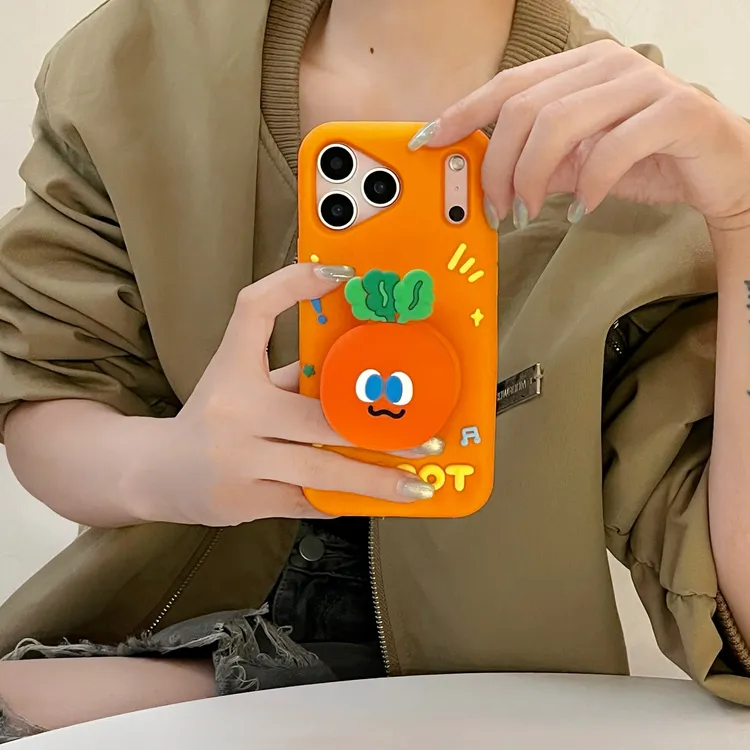 趣味可爱橙色胡萝卜表情伸缩支架适用苹果17手机壳立体硅胶16防摔