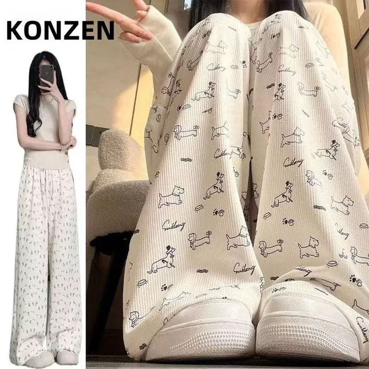 灯芯绒阔腿裤小狗裤小兔卡通直筒裤早秋新款显瘦慵懒风休闲裤子