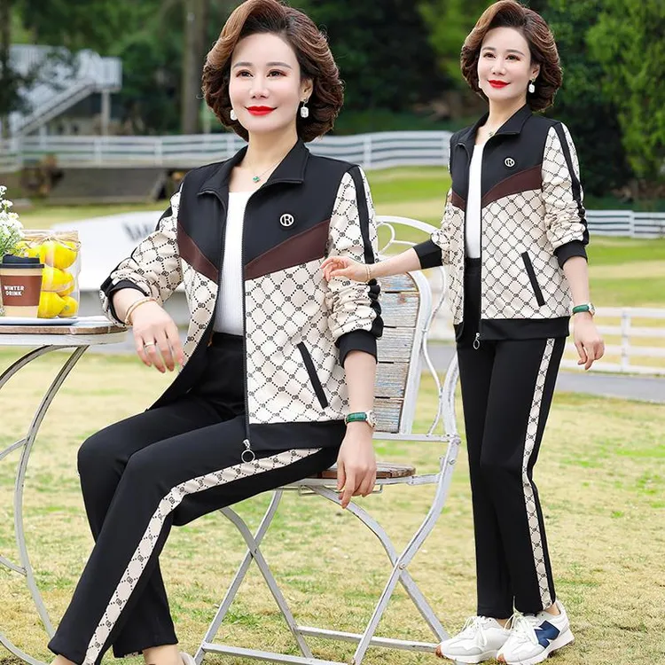 中年妈妈春秋外套洋气上衣2025新款中老年女装春装休闲运动服套装