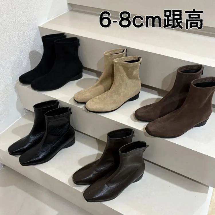 牛皮版~方头复古短靴女小个子内增高粗跟低筒及踝靴英伦风马丁靴