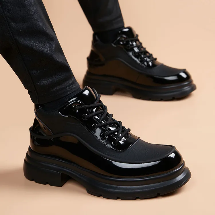 男士厚底德比鞋百搭黑色英伦潮流软底内增高商务正装中帮休闲皮鞋