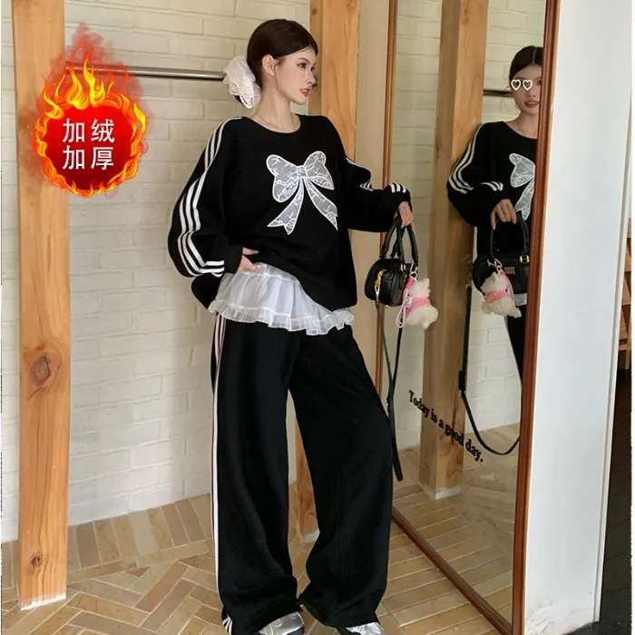 00211加绒 大码女装冬季套装 加绒加厚两件套