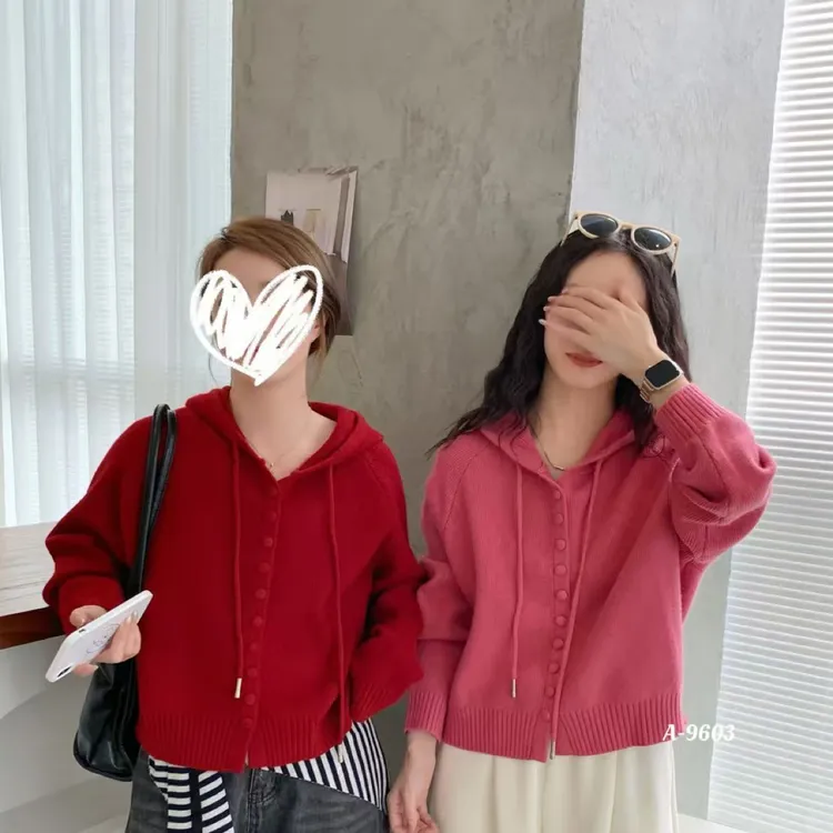 【韩衣舍】高品质法式连帽秋季常规宽松型毛针织衫毛衣红色韩版