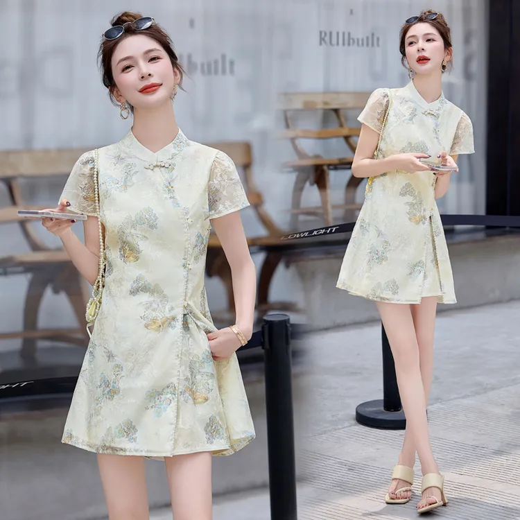 新中式刺绣改良旗袍裙套装女2025夏装时尚钉珠提花减龄短裤两件套