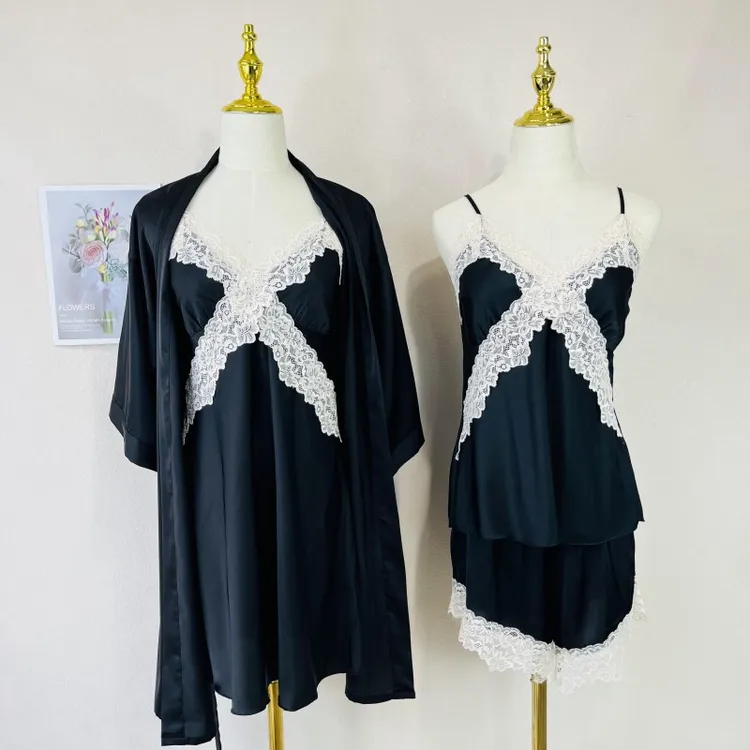 睡衣女夏季新款仿真冰丝吊裙睡袍四件套性感诱惑睡裙带胸垫家居服