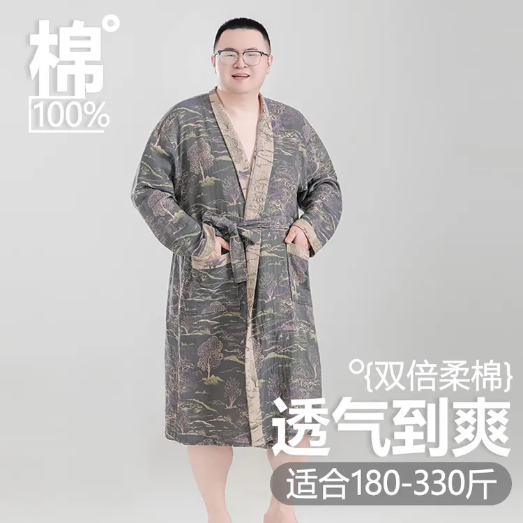 100%纯棉浴袍男加肥加大码300斤双层纱睡袍家居薄款浴衣夏季可穿