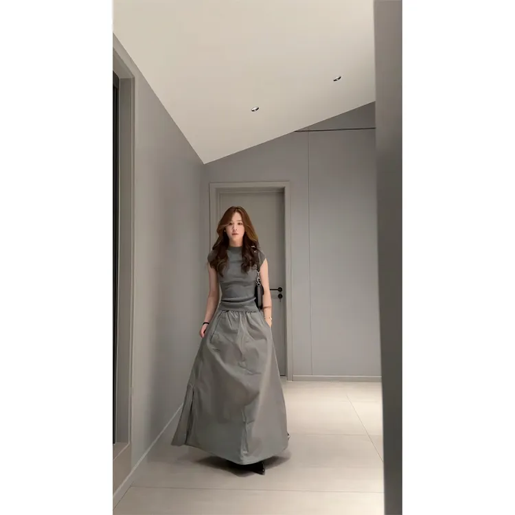 圆领正肩短袖t恤收腰显瘦基础百搭打底上衣半身裙高腰休闲A字长裙