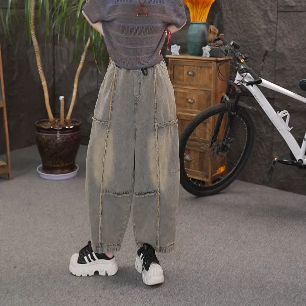 夏季新款个性水洗磨白做旧毛边拼接牛仔裤宽松大码休闲九分裤女潮