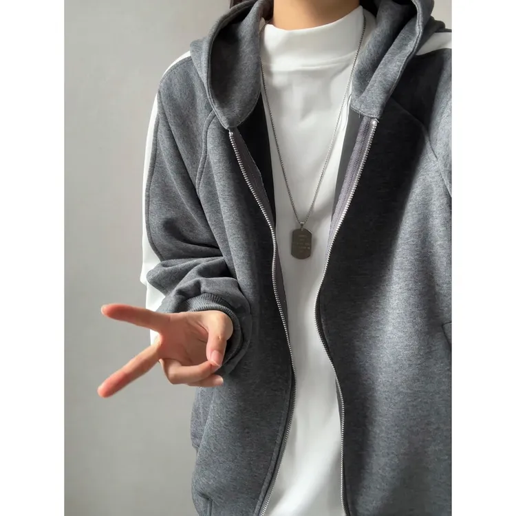 撞色连帽开衫卫衣男秋季美式重磅拼接上衣2025新款潮牌青少年外套