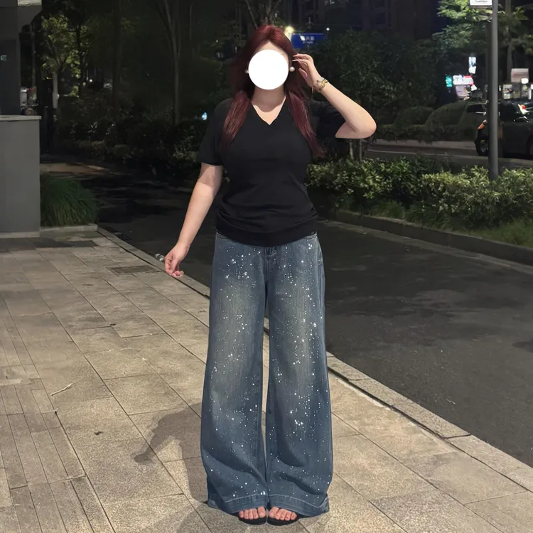 大码女装满天星烫钻微胖显瘦牛仔裤女春秋季新款胖mm宽松阔腿裤子