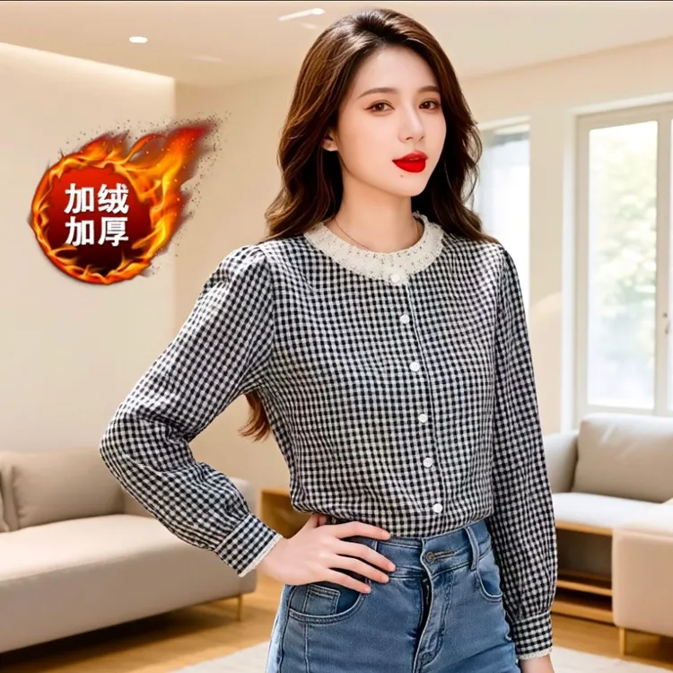 加绒加厚格子衬衣圆领蕾丝高级感洋气衬衫女秋冬新款长袖气质上衣