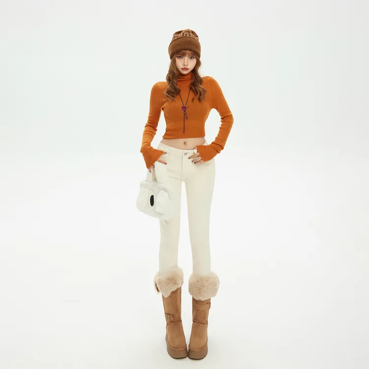 Busrr杏色紧身牛仔裤秋冬修身显瘦小脚弹力小个子九分束脚锥形裤