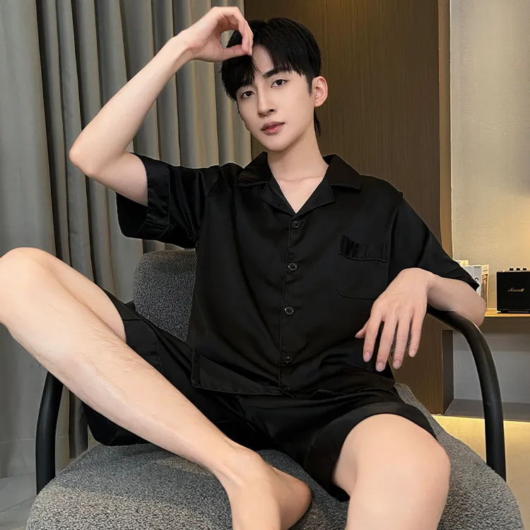 冰丝短袖短裤男士睡衣夏季薄款高级感黑色纯色开衫丝绸套装家居服