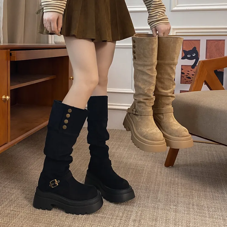 【贾不假】不过膝靴子女2025新款秋复古百搭显瘦增高厚底西部骑士靴