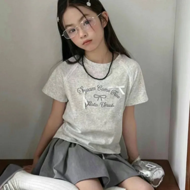 夏季百搭圆领刺绣蝴蝶结半袖温柔风收腰修身女童女童夏装上衣纯棉