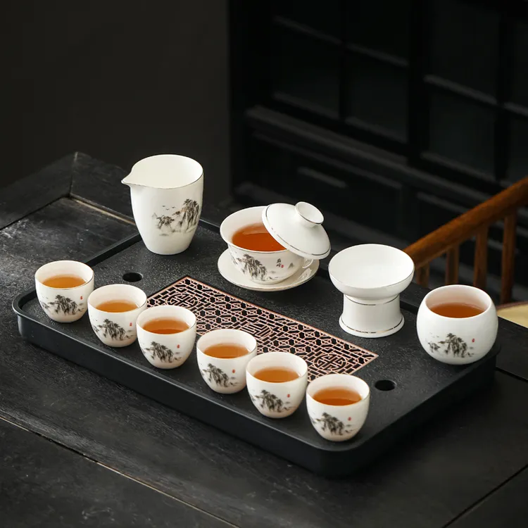 巅峰悬停盖碗白瓷功夫泡茶杯具套装高端全套办公室家用茶盘一整套
